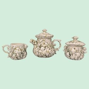 VTG Arnel 3 Piece Teapot Set Green & White Splotchy Mushroom Cap Lids & Design